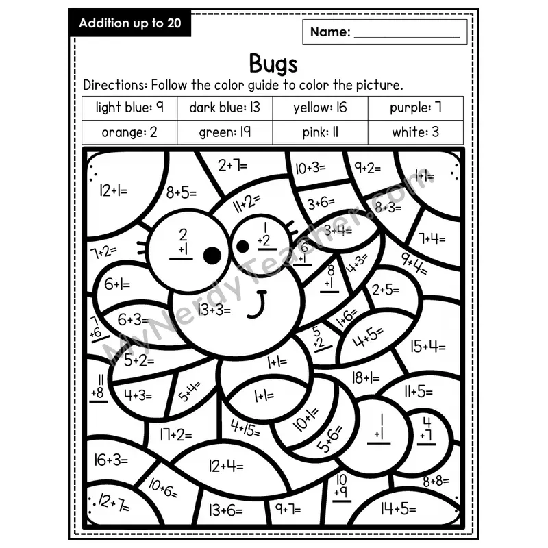 Addition to 20 Color by Number — Bugs (Page 2)