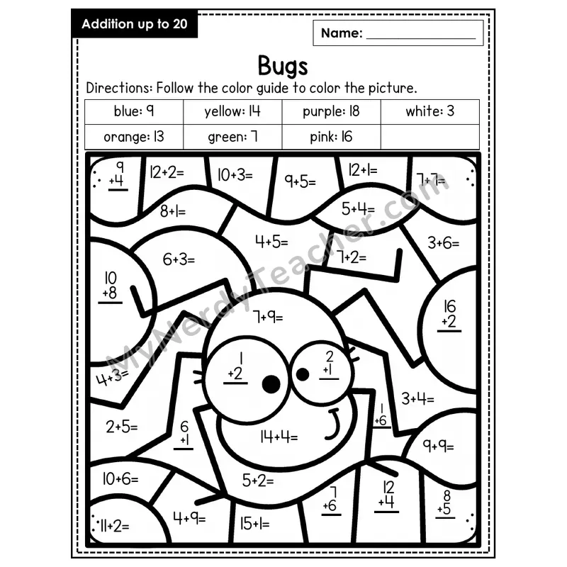Addition to 20 Color by Number — Bugs (Page 6)