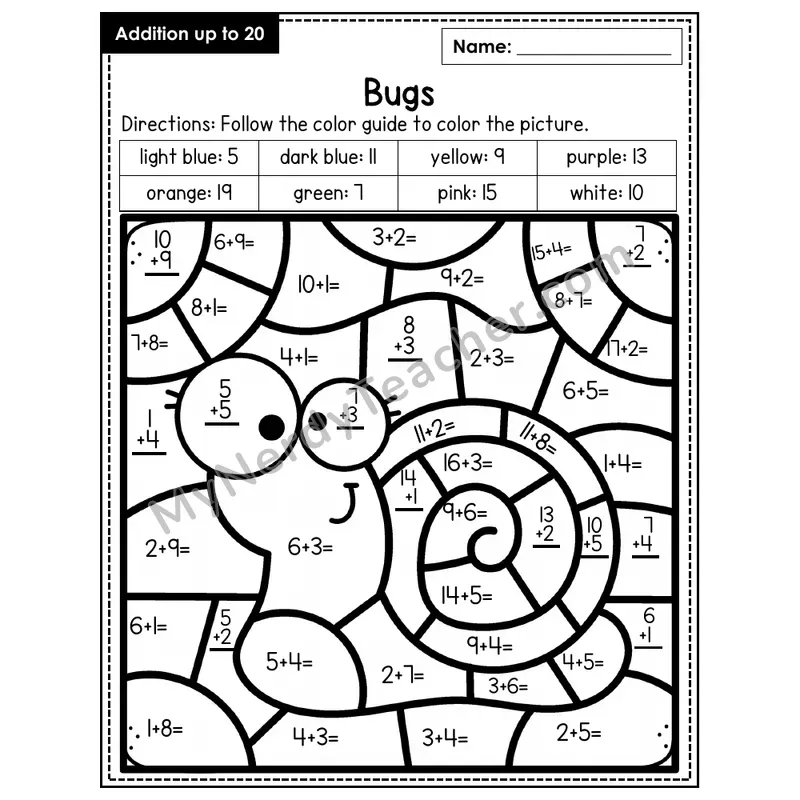 Addition to 20 Color by Number — Bugs (Page 5)