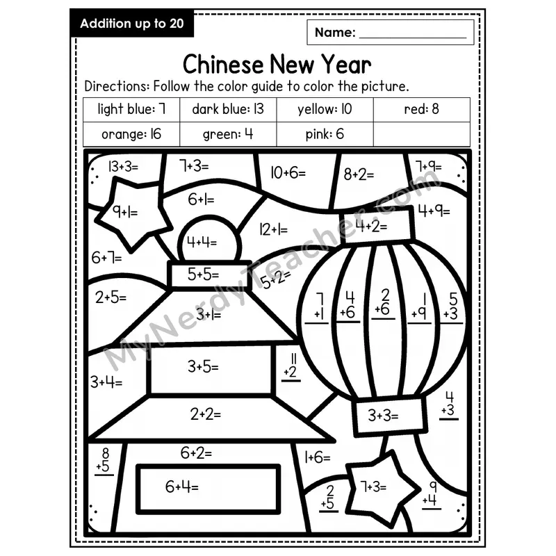 Addition to 20 Color by Number — Chinese New Year (Page 2)