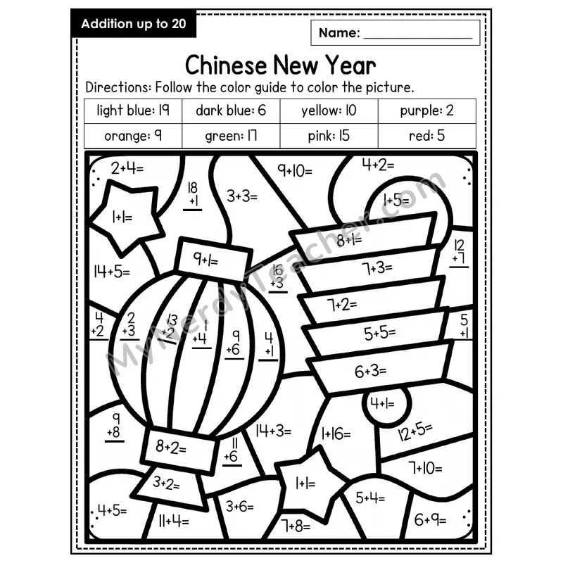 Addition to 20 Color by Number — Chinese New Year (Page 1)