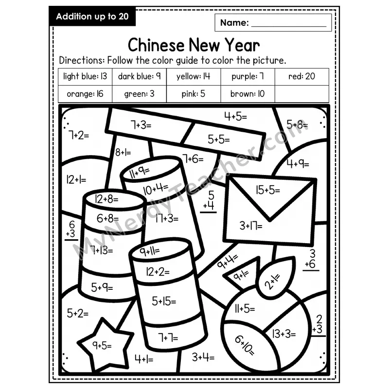 Addition to 20 Color by Number — Chinese New Year (Page 7)