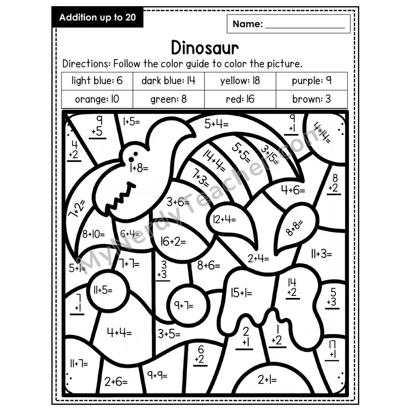 Addition to 20 Color by Number — Dinosaur (Page 1)