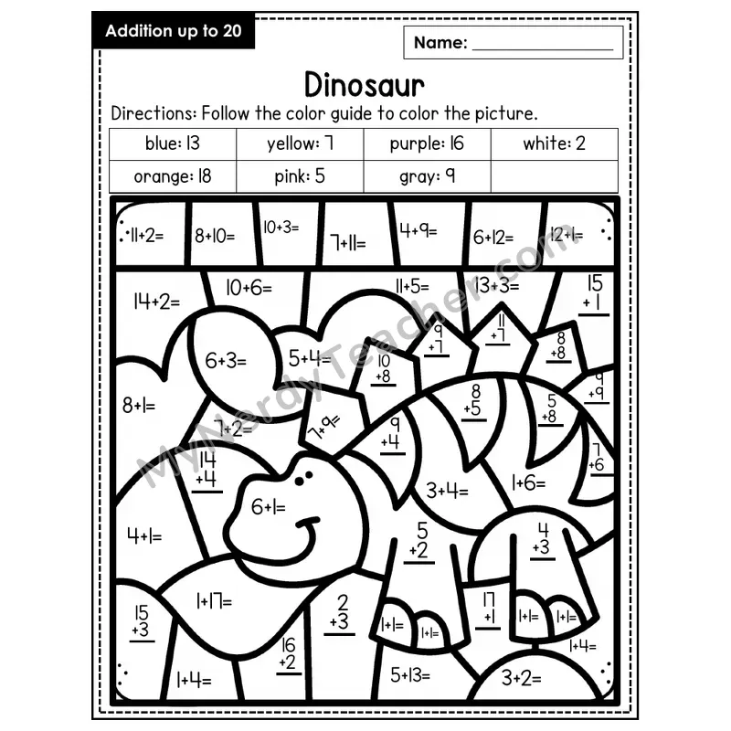 Addition to 20 Color by Number — Dinosaur (Page 6)