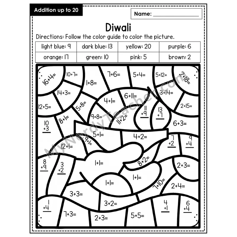 Addition to 20 Color by Number — Diwali (Page 1)