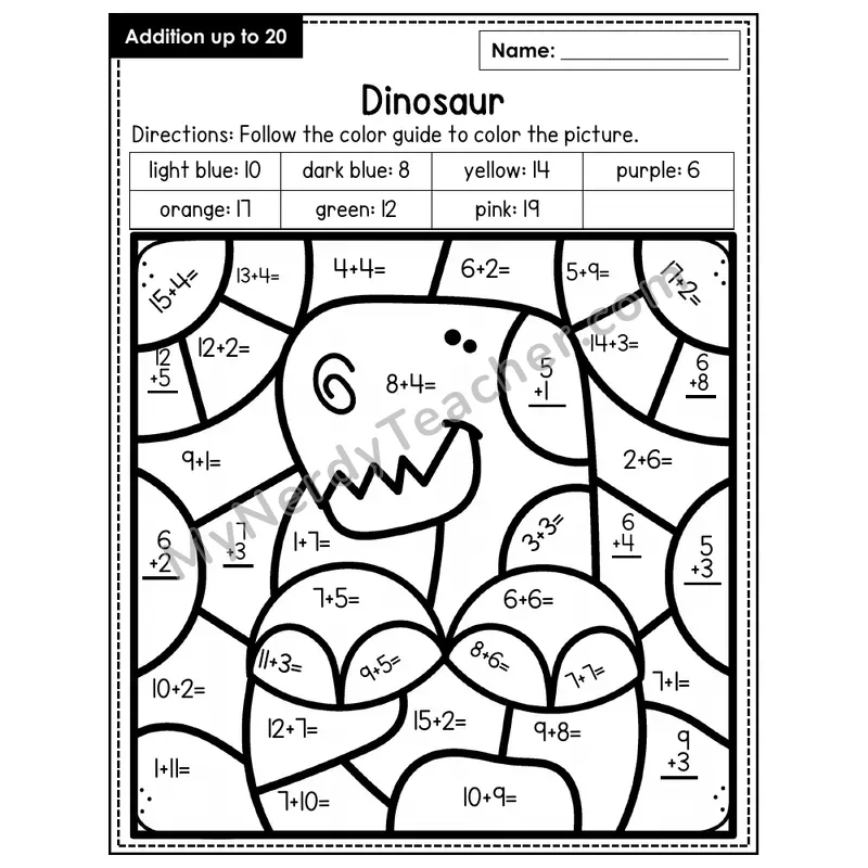 Addition to 20 Color by Number — Dinosaur (Page 8)