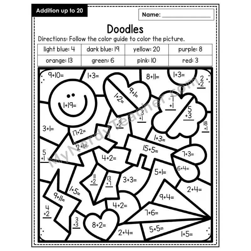 Addition to 20 Color by Number — Doodles (Page 7)