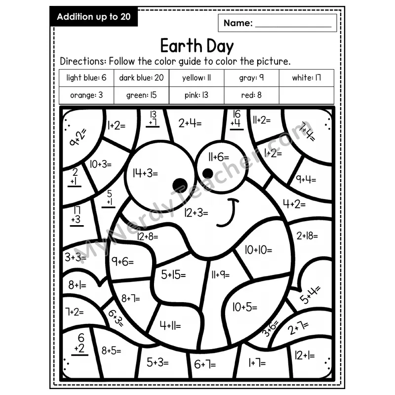 Addition to 20 Color by Number — Earth Day (Page 1)