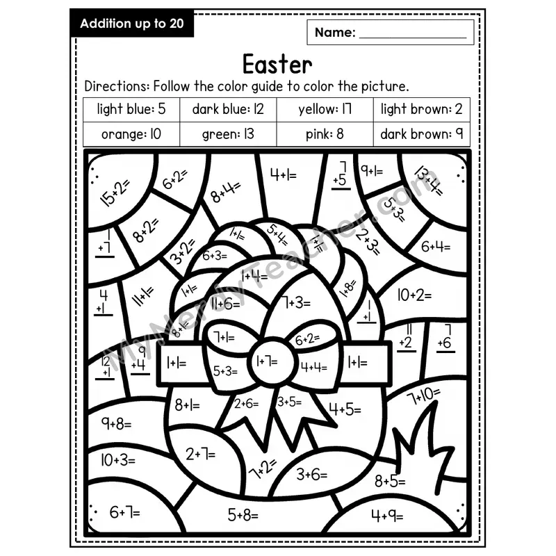 Addition to 20 Color by Number — Easter (Page 1)