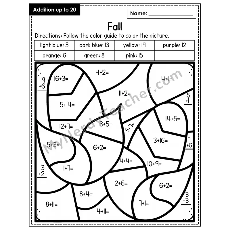 Addition to 20 Color by Number — Fall (Page 2)