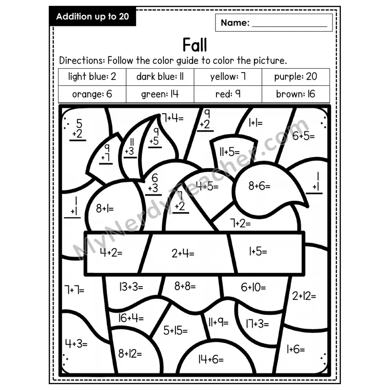 Addition to 20 Color by Number — Fall (Page 1)