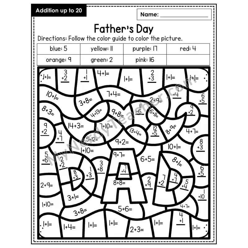 Addition to 20 Color by Number — Father's Day (Page 1)