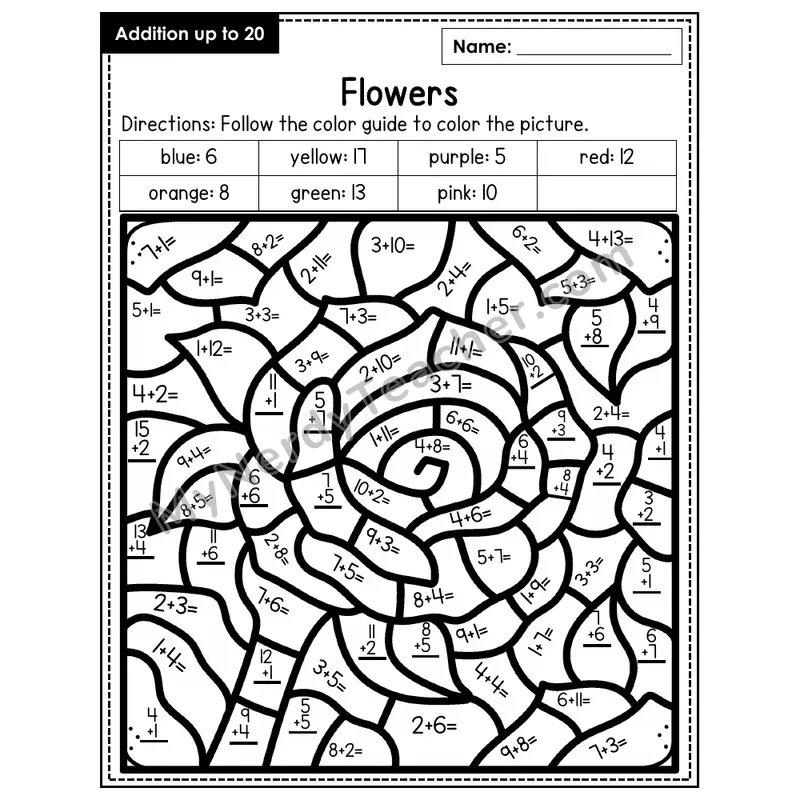 Addition to 20 Color by Number — Flowers (Page 6)