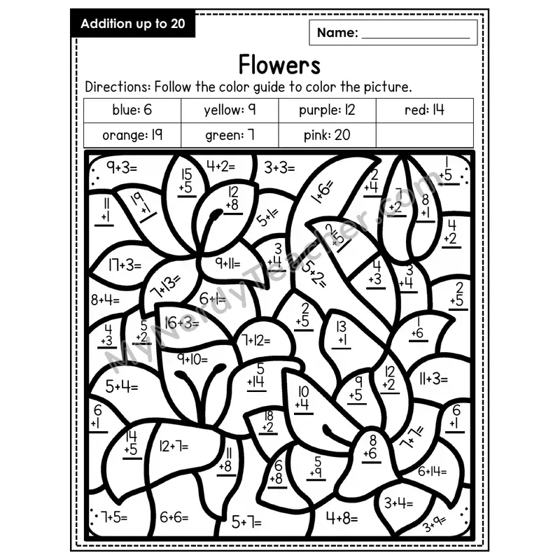 Addition to 20 Color by Number — Flowers (Page 3)