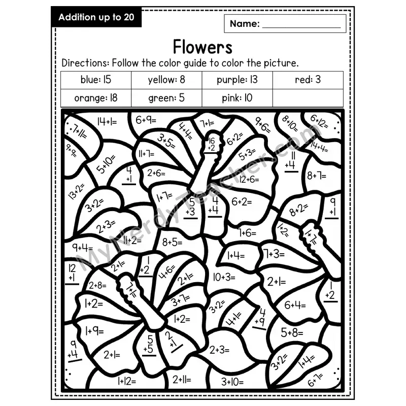 Addition to 20 Color by Number — Flowers (Page 2)