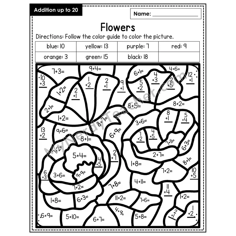 Addition to 20 Color by Number — Flowers (Page 5)