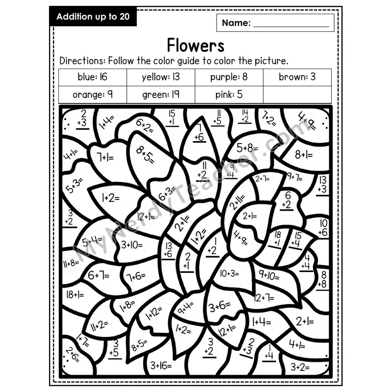 Addition to 20 Color by Number — Flowers (Page 7)