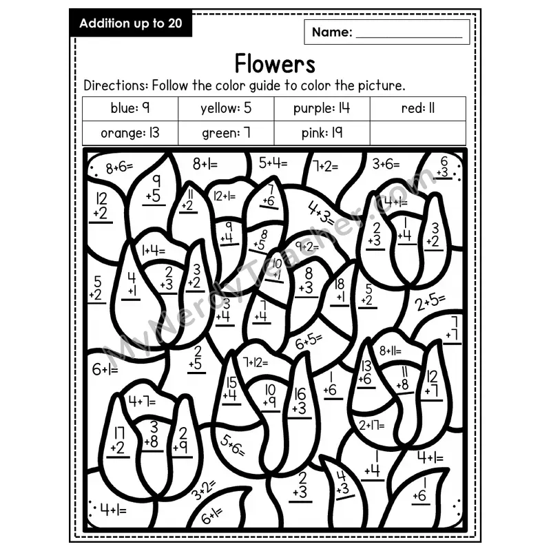 Addition to 20 Color by Number — Flowers (Page 8)