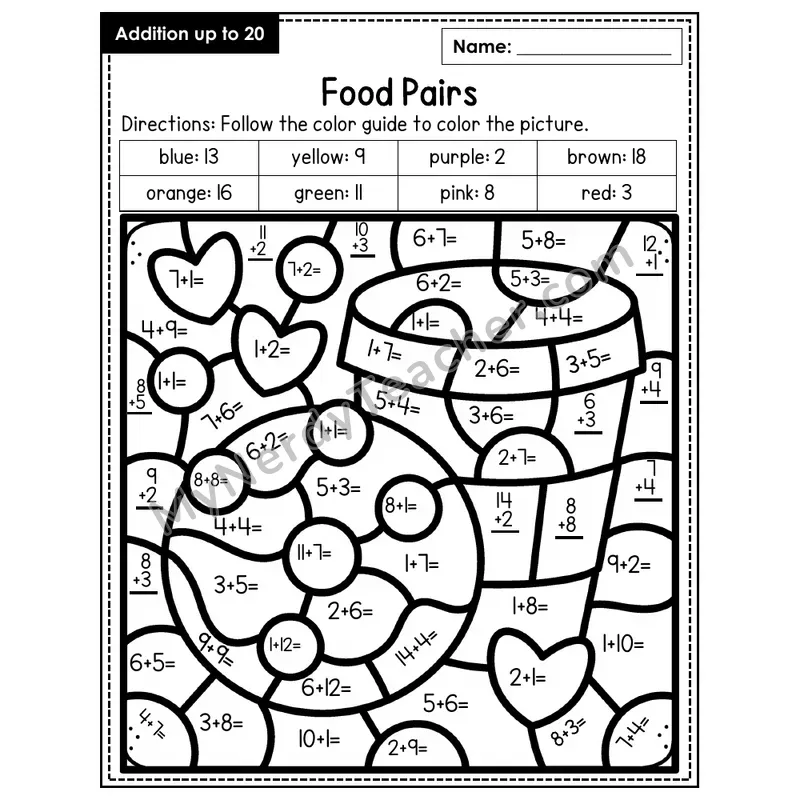 Addition to 20 Color by Number — Food Pairs (Page 8)