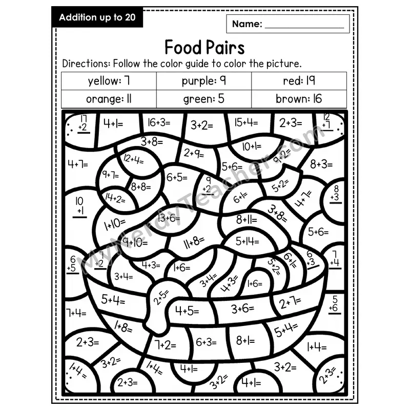 Addition to 20 Color by Number — Food Pairs (Page 6)