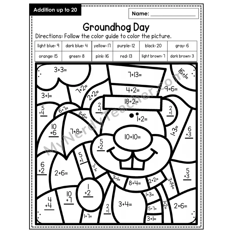 Addition to 20 Color by Number — Groundhog Day (Page 3)