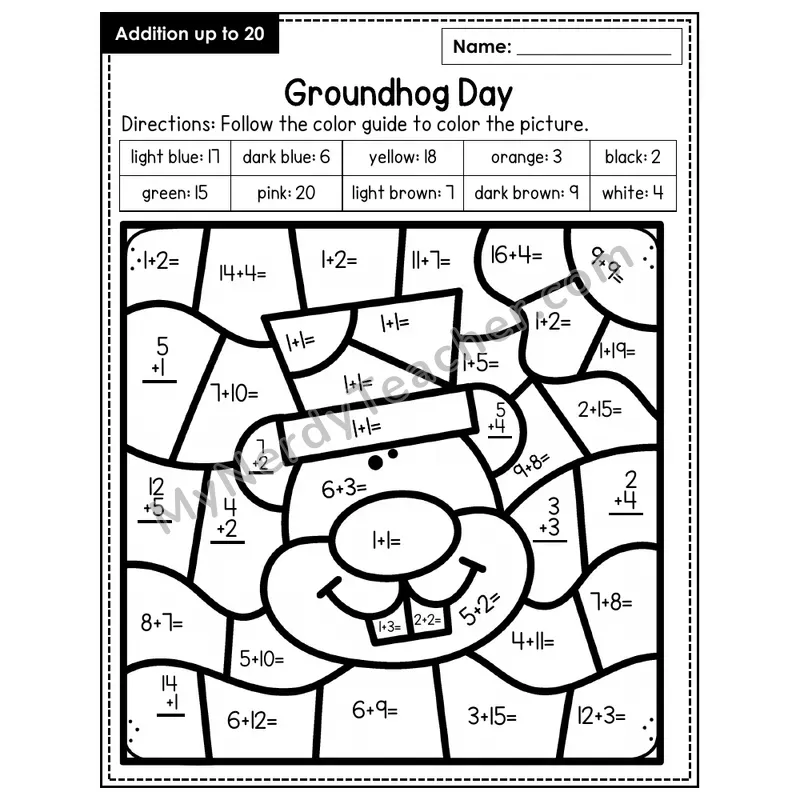 Addition to 20 Color by Number — Groundhog Day (Page 2)