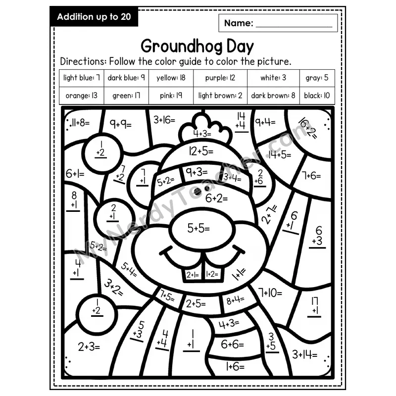 Addition to 20 Color by Number — Groundhog Day (Page 1)