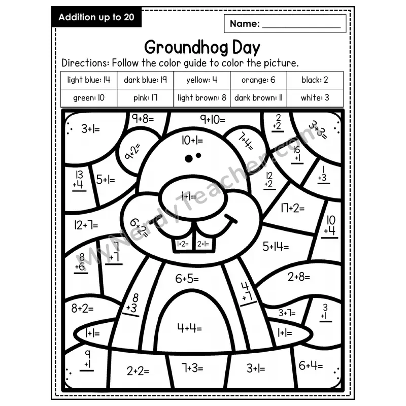 Addition to 20 Color by Number — Groundhog Day (Page 4)