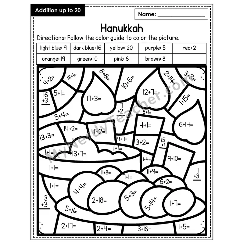Addition to 20 Color by Number — Hanukkah (Page 1)