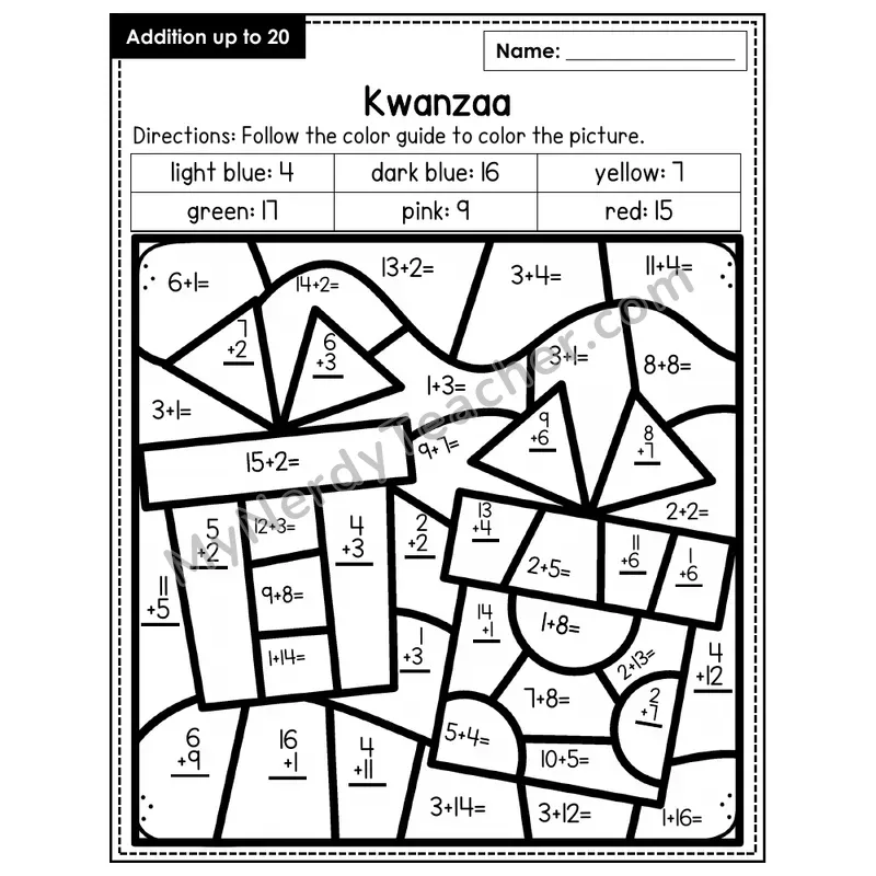 Addition to 20 Color by Number — Kwanzaa (Page 1)