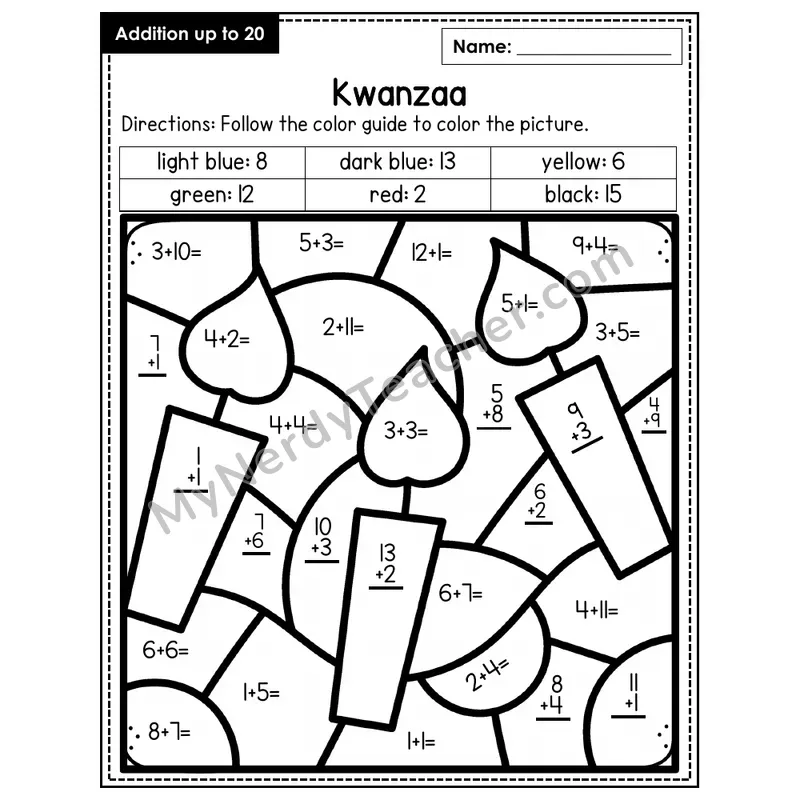 Addition to 20 Color by Number — Kwanzaa (Page 5)