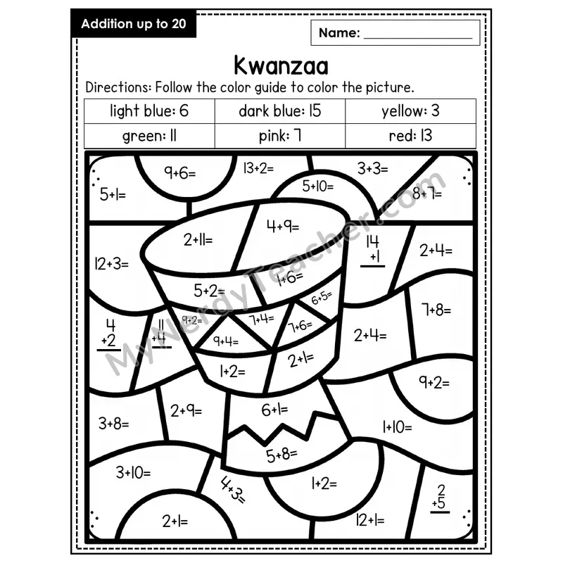 Addition to 20 Color by Number — Kwanzaa (Page 8)