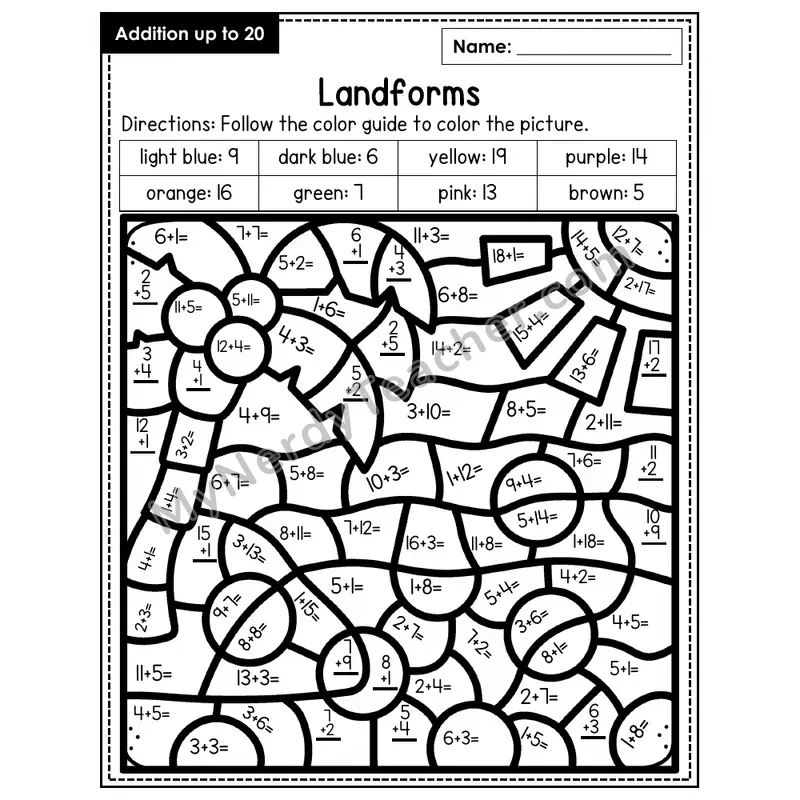 Addition to 20 Color by Number — Landforms (Page 1)