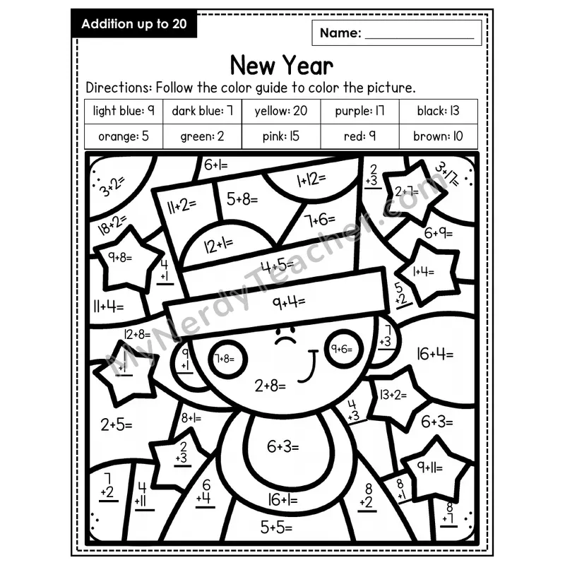 Addition to 20 Color by Number — New Years (Page 1)