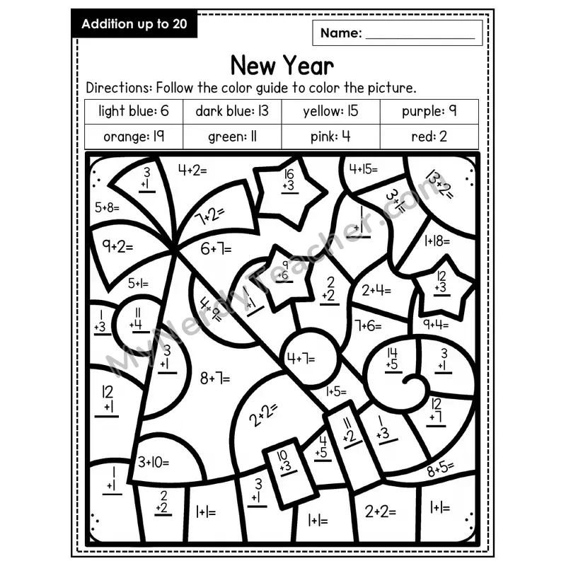 Addition to 20 Color by Number — New Years (Page 9)