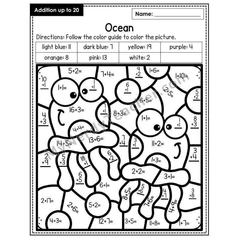 Addition to 20 Color by Number — Ocean (Page 1)