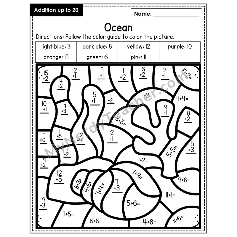 Addition to 20 Color by Number — Ocean (Page 8)