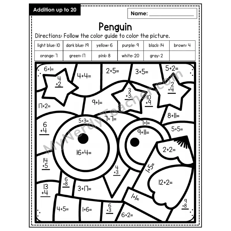 Addition to 20 Color by Number — Penguin (Page 2)