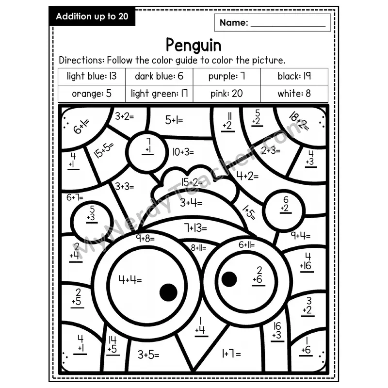 Addition to 20 Color by Number — Penguin (Page 5)