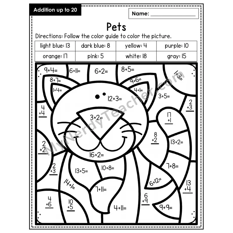 Addition to 20 Color by Number — Pets (Page 1)