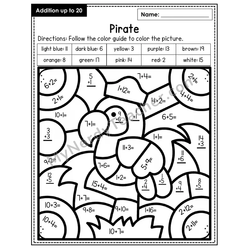 Addition to 20 Color by Number — Pirate (Page 3)