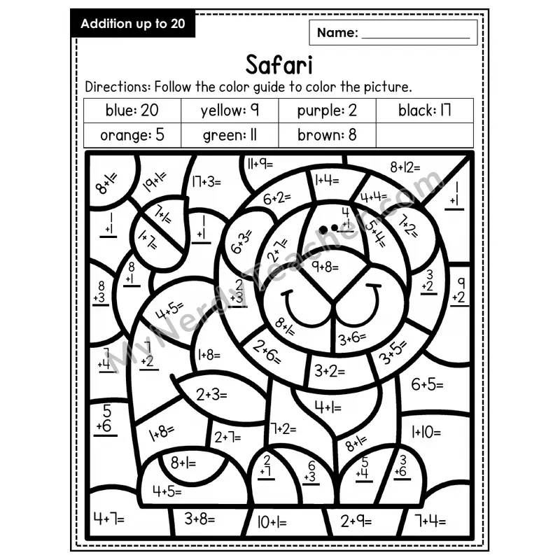 Addition to 20 Color by Number — Safari (Page 2)