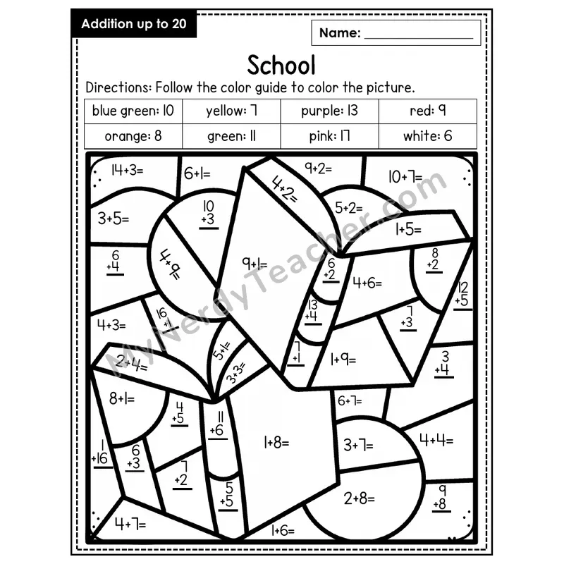 Addition to 20 Color by Number — School (Page 2)