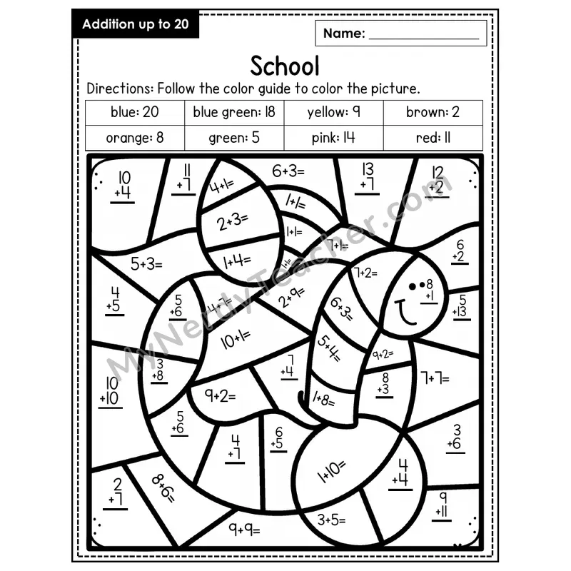 Addition to 20 Color by Number — School (Page 1)