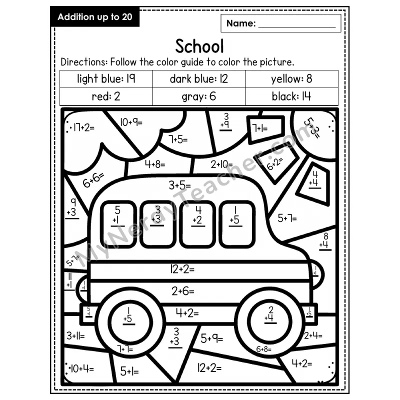 Addition to 20 Color by Number — School (Page 3)