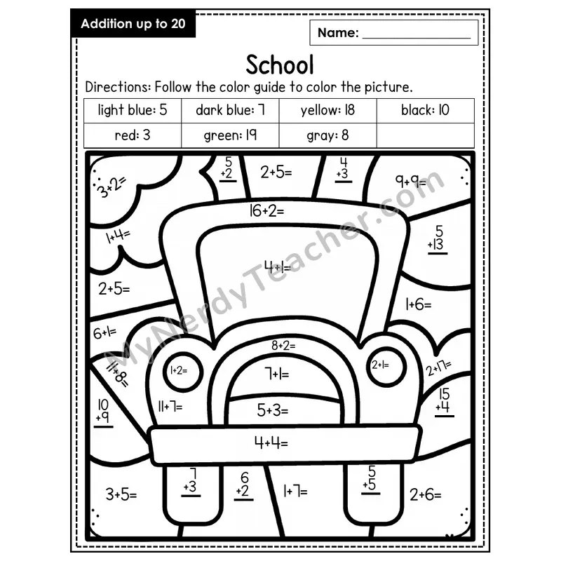 Addition to 20 Color by Number — School (Page 4)