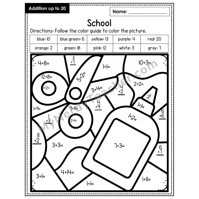 Addition to 20 Color by Number — School (Page 6)
