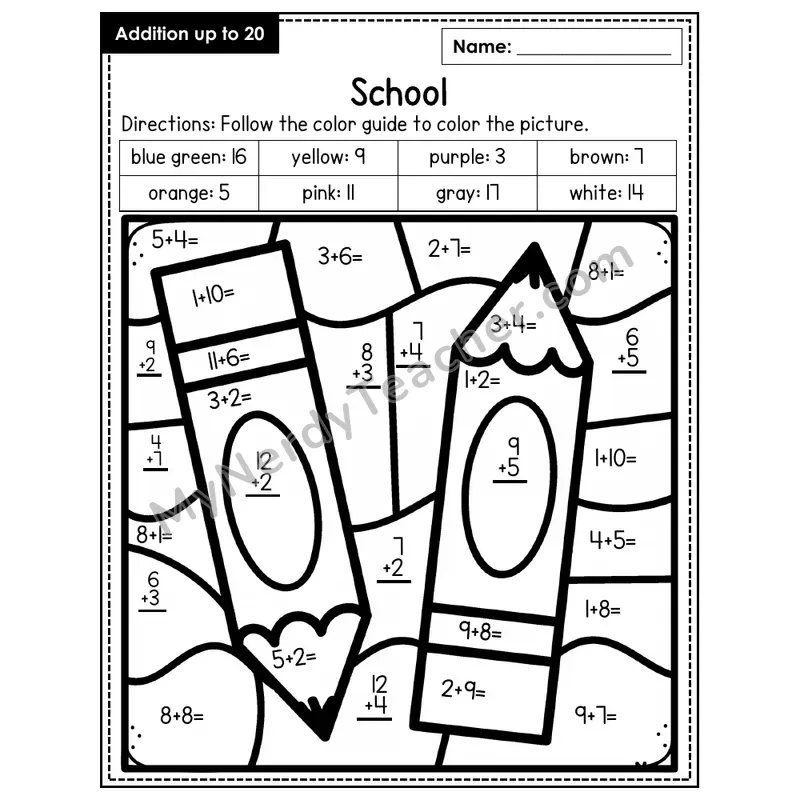Addition to 20 Color by Number — School (Page 5)