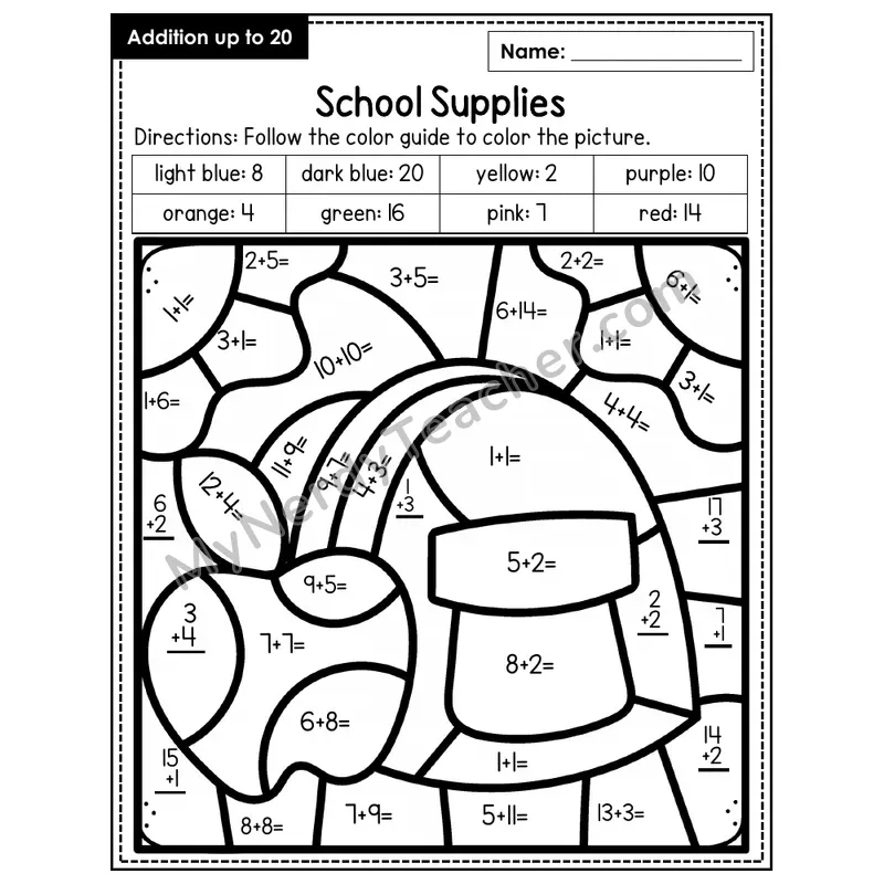 Addition to 20 Color by Number — School Supplies (Page 4)