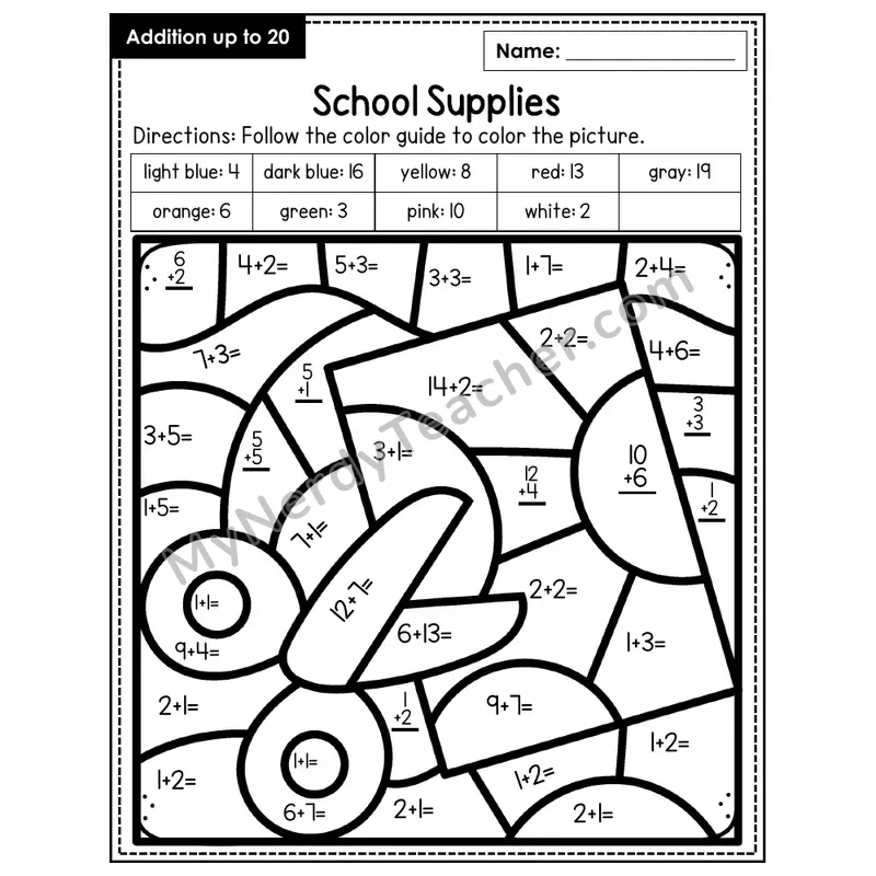 Addition to 20 Color by Number — School Supplies (Page 7)